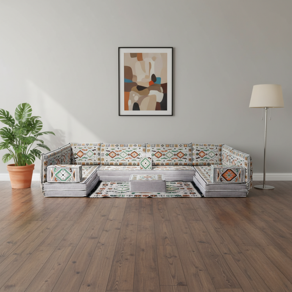 Arabic Floor Sofa Set – Gray U Shaped Majlis Sectional with 8 Inch Cushions