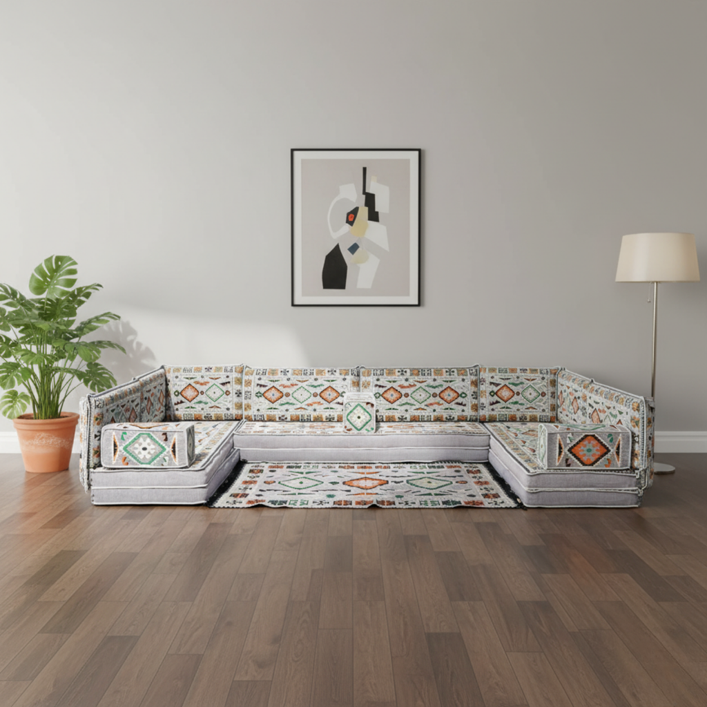 Arabic Floor Sofa Set – Gray U Shaped Majlis Sectional with 8 Inch Cushions