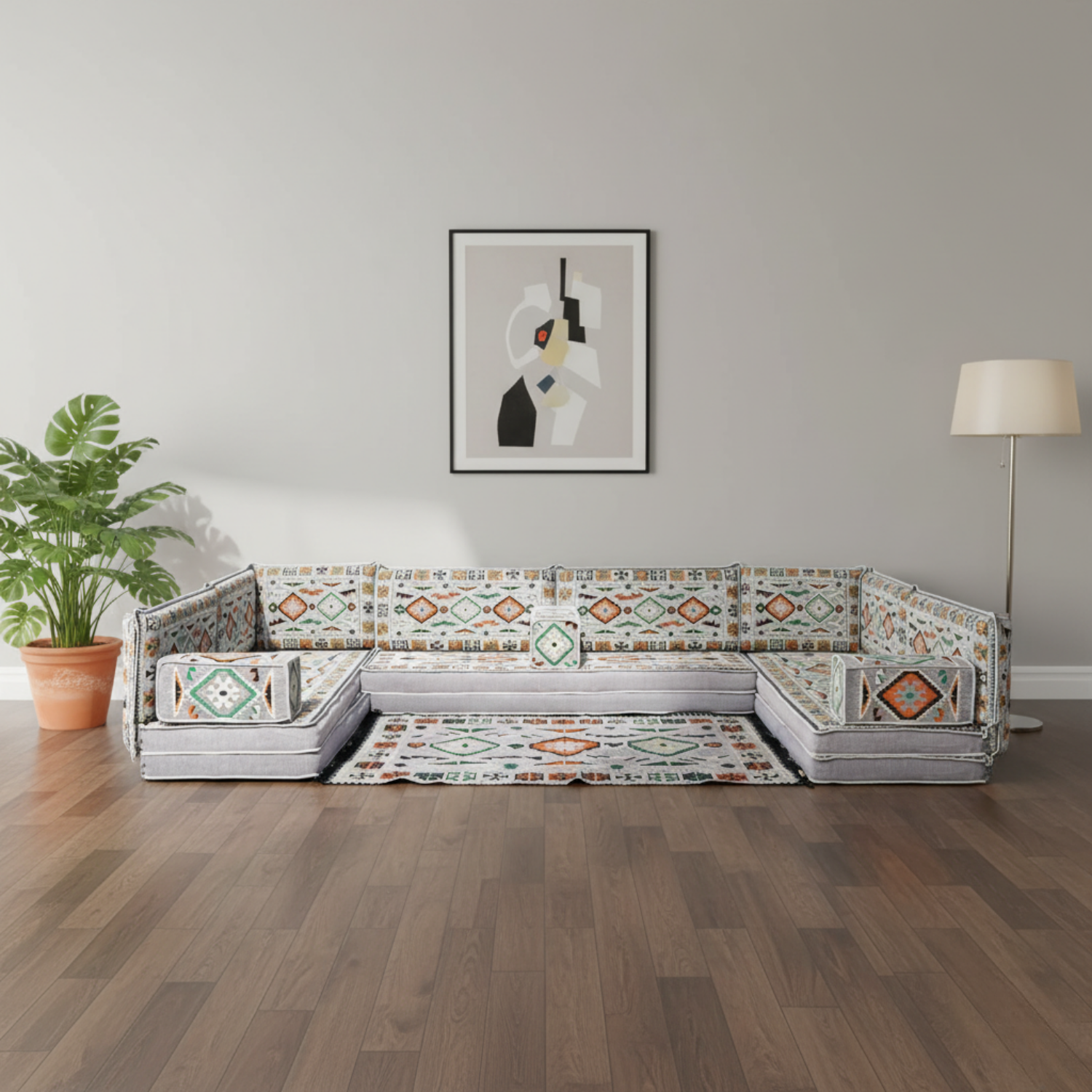 Arabic Floor Sofa Set – Gray U Shaped Majlis Sectional with 8 Inch Cushions