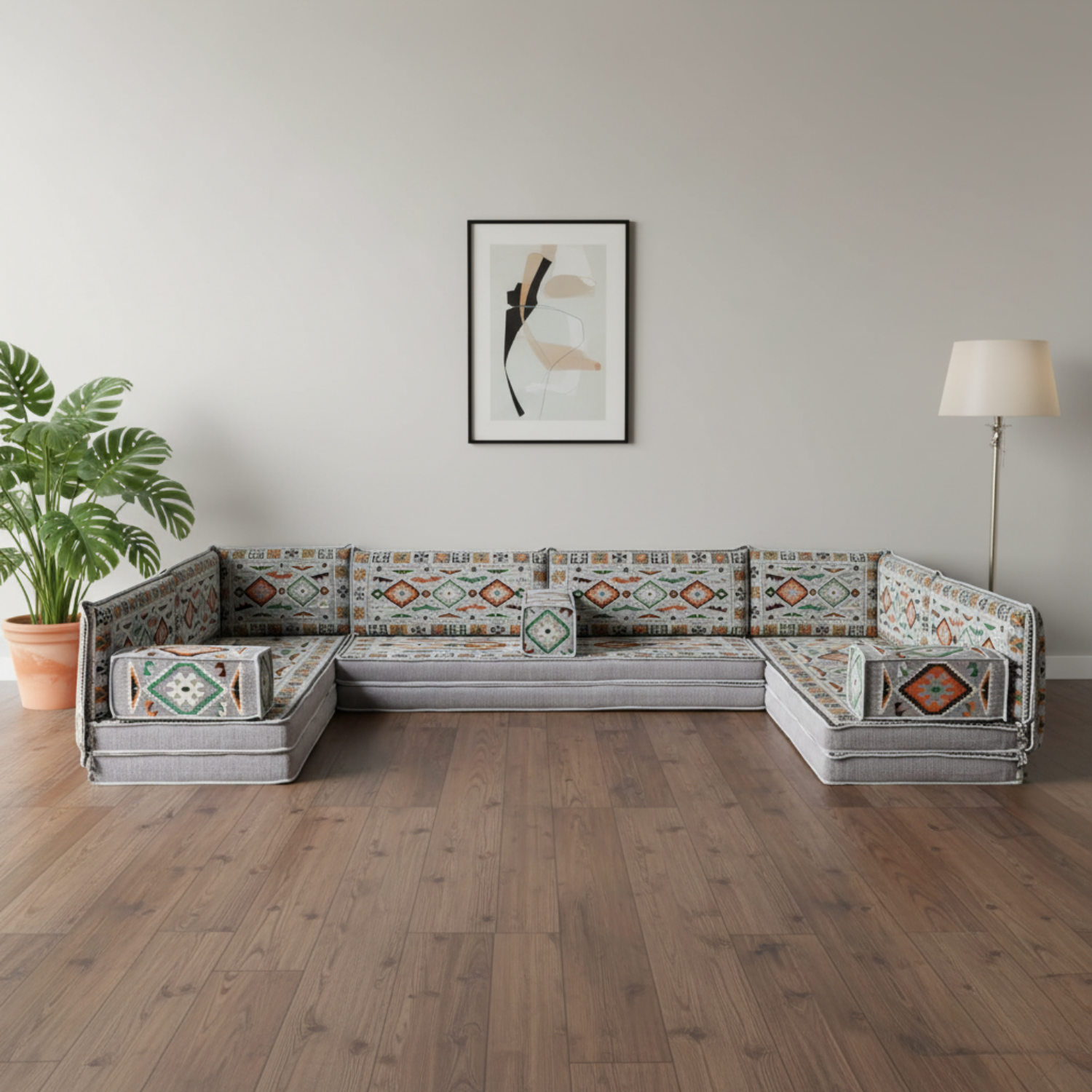 Arabic Floor Sofa Set – Gray U Shaped Majlis Sectional with 8 Inch Cushions