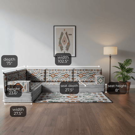 Arabic Floor Sofa Set – Gray L Shaped Majlis Sectional with 8 Inch Cushions