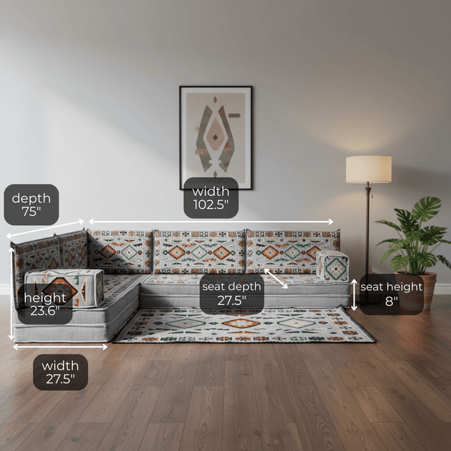 Arabic Floor Sofa Set – Gray L Shaped Majlis Sectional with 8 Inch Cushions