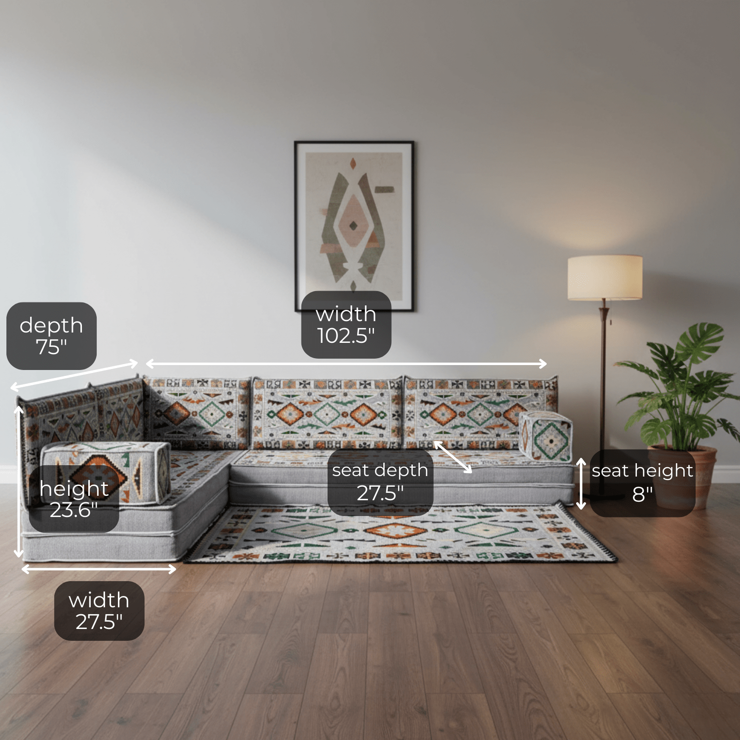 Arabic Floor Sofa Set – Gray L Shaped Majlis Sectional with 8 Inch Cushions