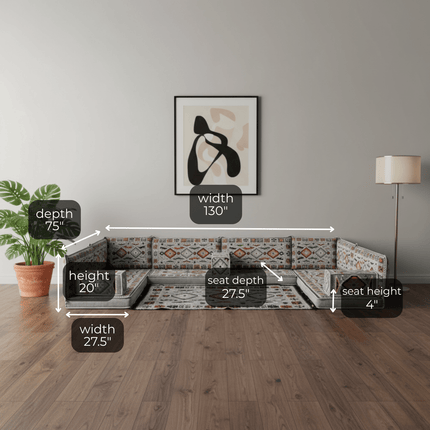 Arabic Floor Sofa Set – Gray U Shaped Majlis Sectional with 4 Inch Cushions