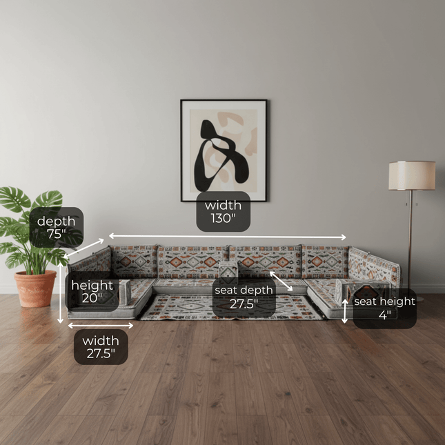 Arabic Floor Sofa Set – Gray U Shaped Majlis Sectional with 4 Inch Cushions
