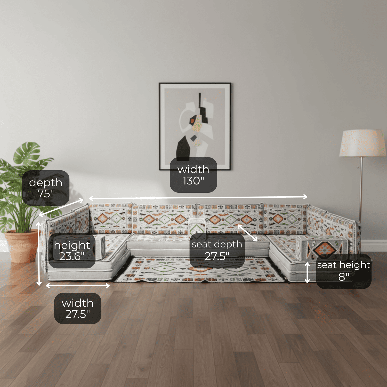 Arabic Floor Sofa Set – Gray U Shaped Majlis Sectional with 8 Inch Cushions