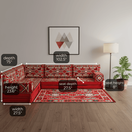 Arabic Floor Sofa Set – Red L Shaped Majlis Sectional with 8 Inch Cushions