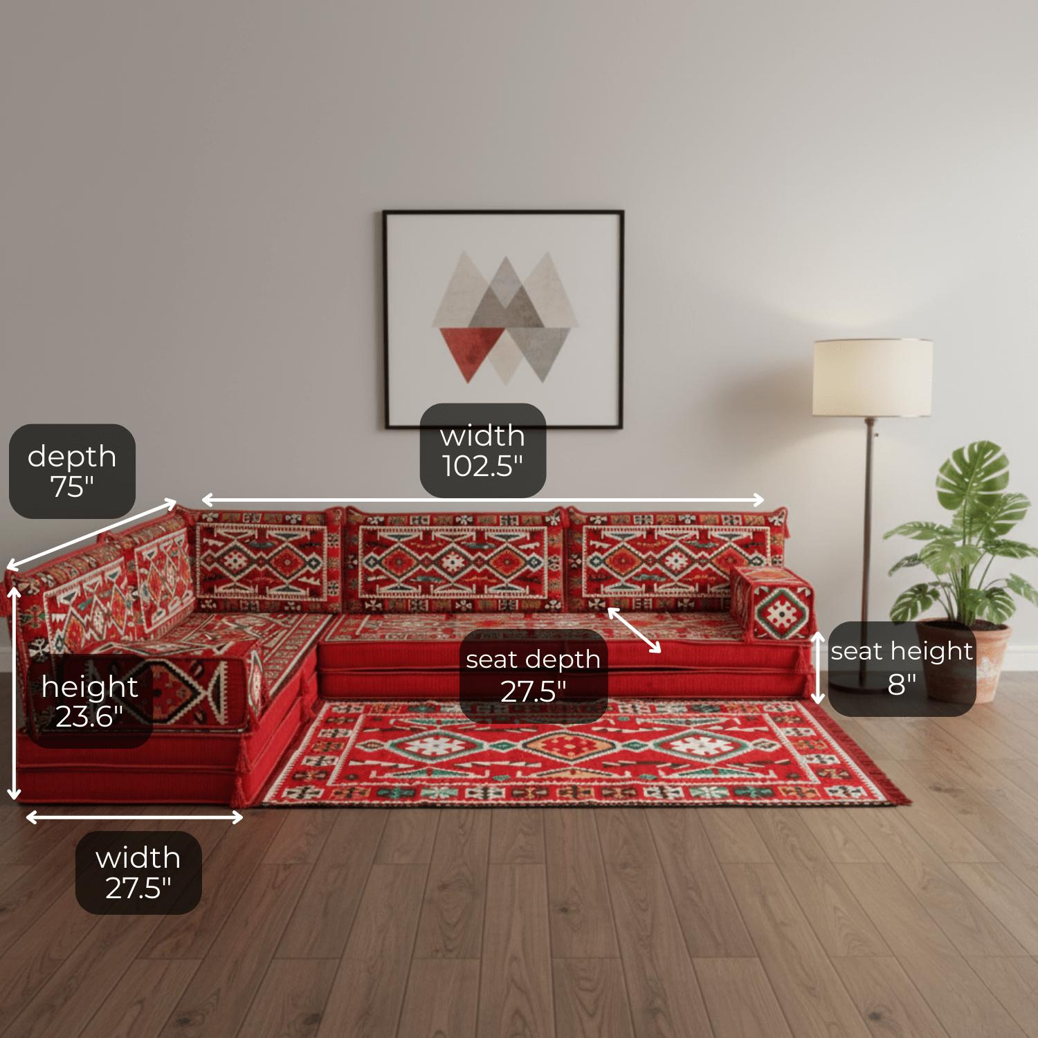 Arabic Floor Sofa Set – Red L Shaped Majlis Sectional with 8 Inch Cushions