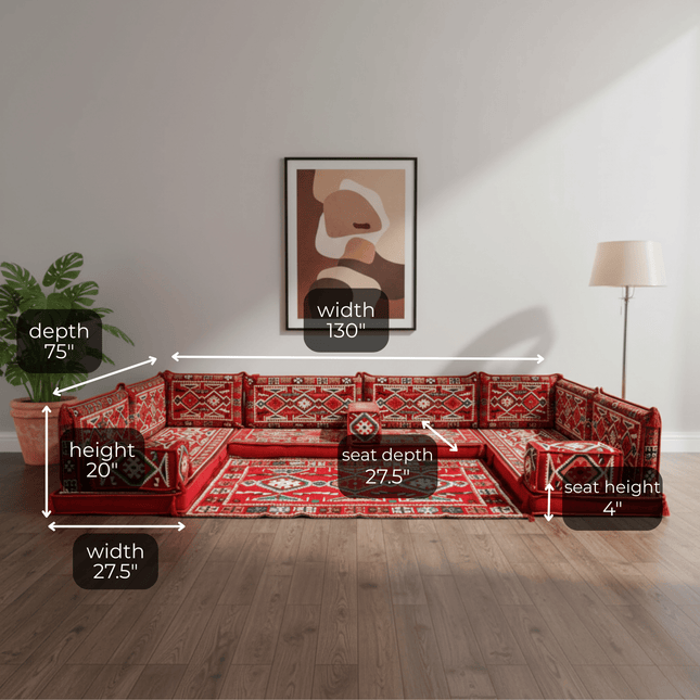 Arabic Floor Sofa Set – Red U Shaped Majlis Sectional with 4 Inch Cushions