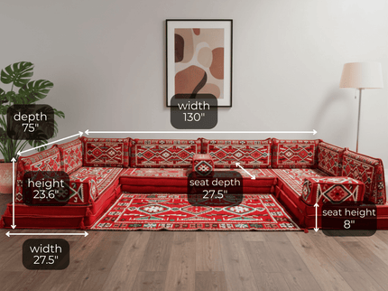 Cappadocia Kilim U-shaped Arabic majlis floor sofa in Red, 8-inch cushions - photo 3