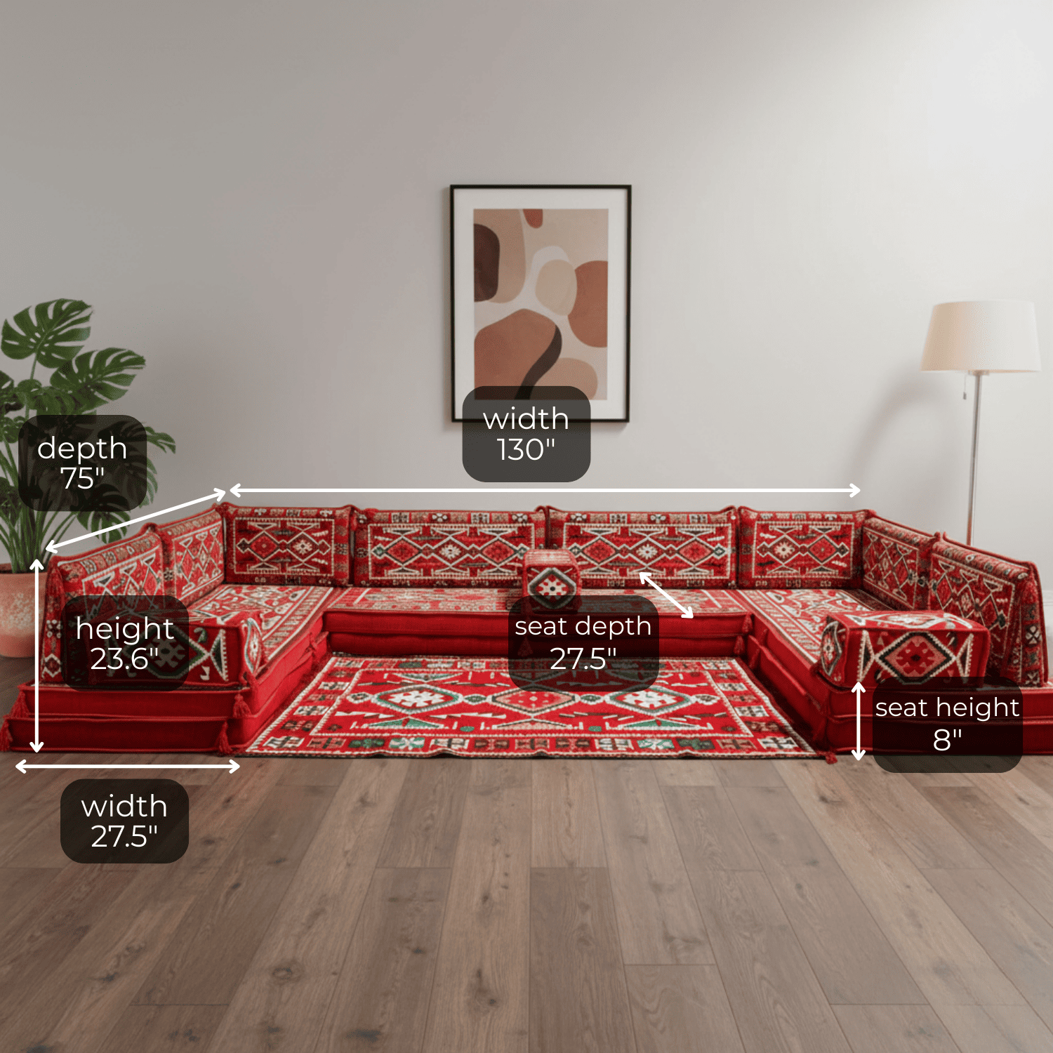 Arabic Floor Sofa Set – Red U Shaped Majlis Sectional with 8 Inch Cushions
