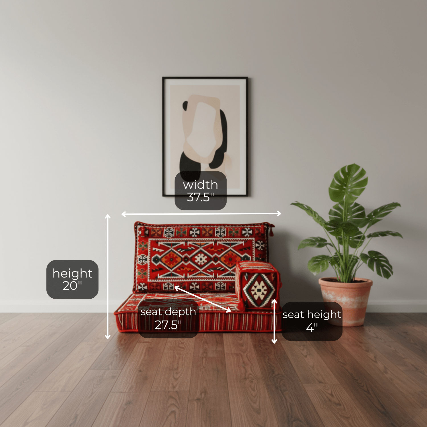 Arabic Half Loveseat Sofa – Red Half Loveseat with 4 and 8 Inch Cushion Options