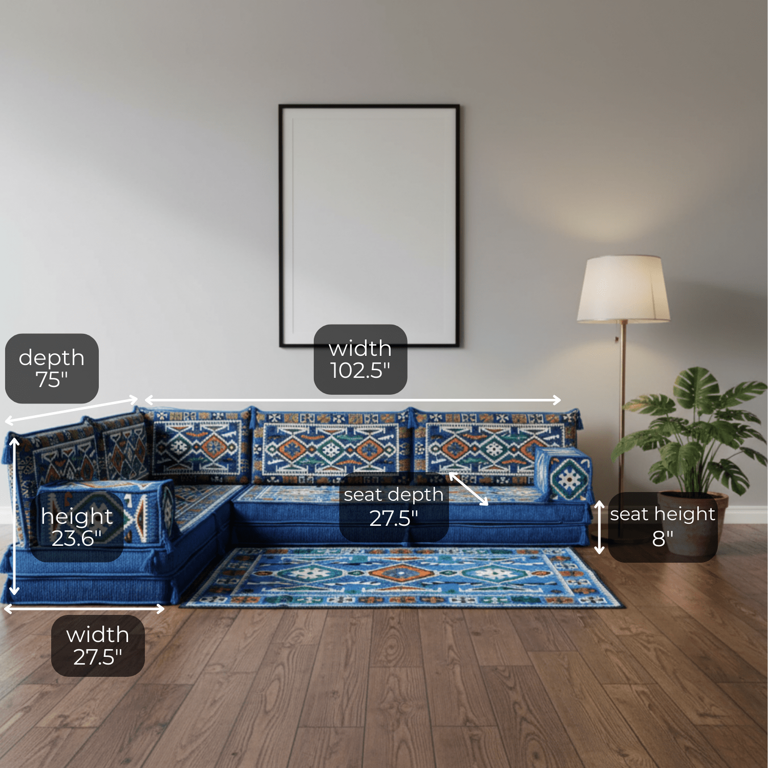 Arabic Floor Sofa Set – Blue L Shaped Majlis Sectional with 8 Inch Cushions