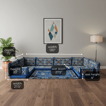 Arabic Floor Sofa Set – Blue U Shaped Majlis Sectional with 4 Inch Cushions