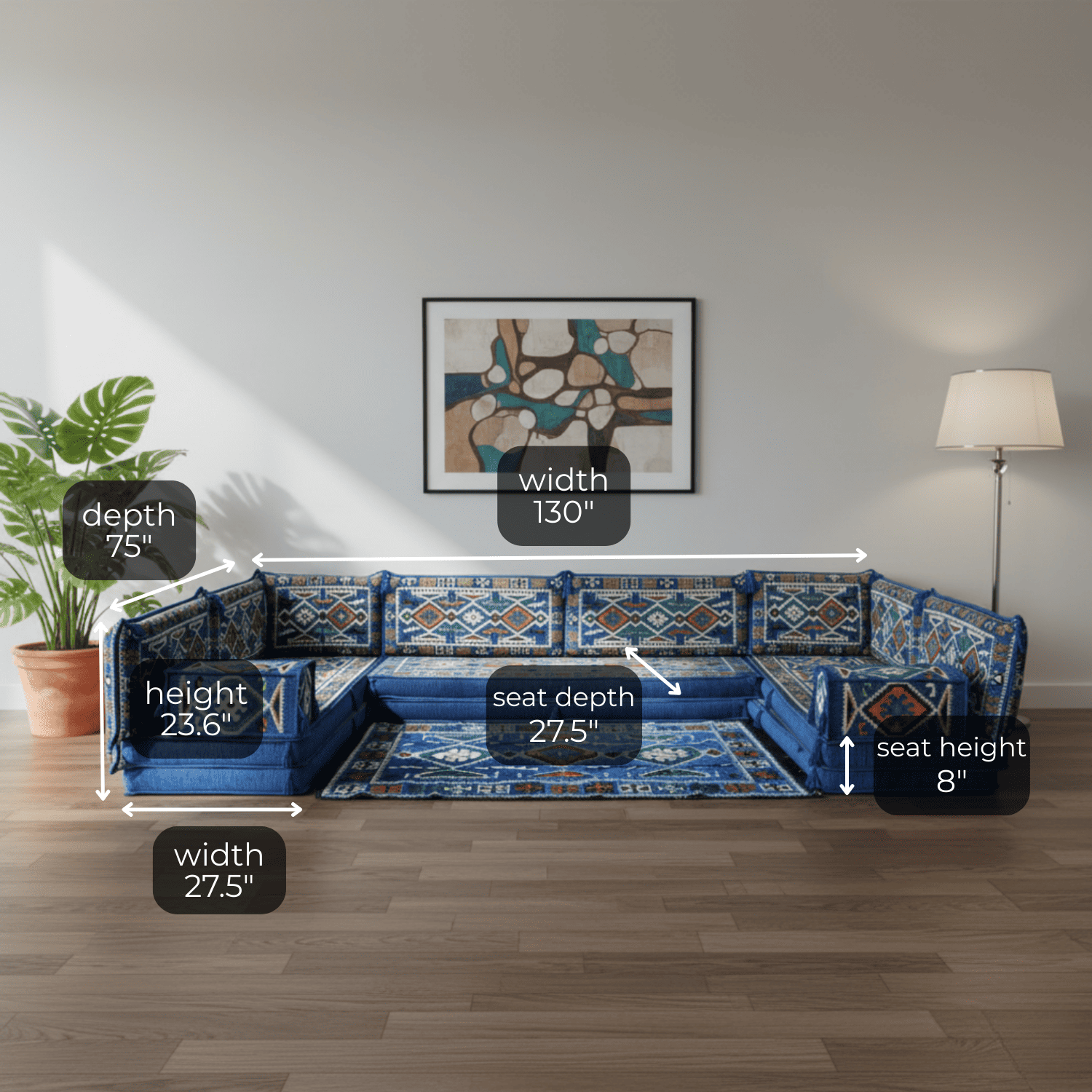 Arabic Floor Sofa Set – Blue U Shaped Majlis Sectional with 8 Inch Cushions