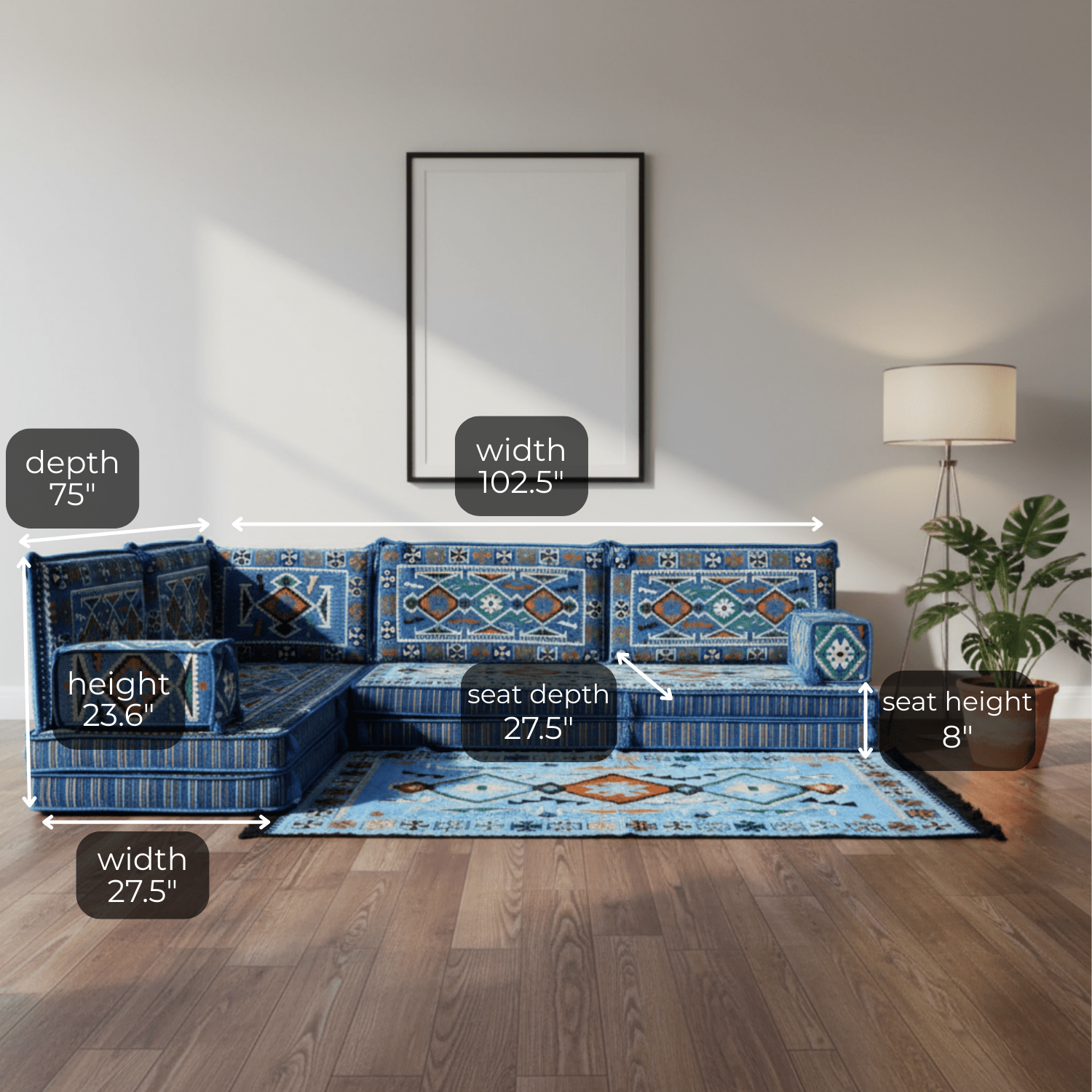 Arabic Floor Sofa Set – Navy Blue L Shaped Majlis Sectional with 8 Inch Cushions