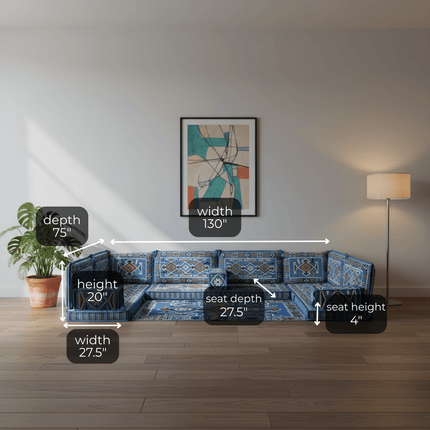 Arabic Floor Sofa Set – Navy Blue U Shaped Majlis Sectional with 4 Inch Cushions