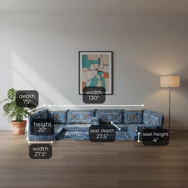 Arabic Floor Sofa Set – Navy Blue U Shaped Majlis Sectional with 4 Inch Cushions