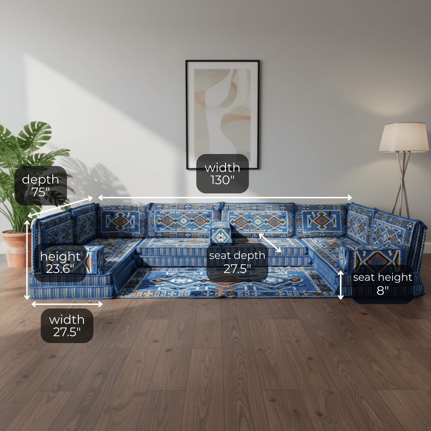 Arabic Floor Sofa Set – Navy Blue U Shaped Majlis Sectional with 8 Inch Cushions
