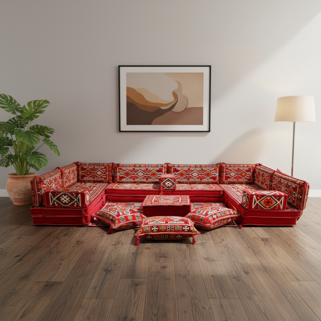Arabic Floor Sofa Set – Red U Shaped Majlis Sectional with 8 Inch Cushions