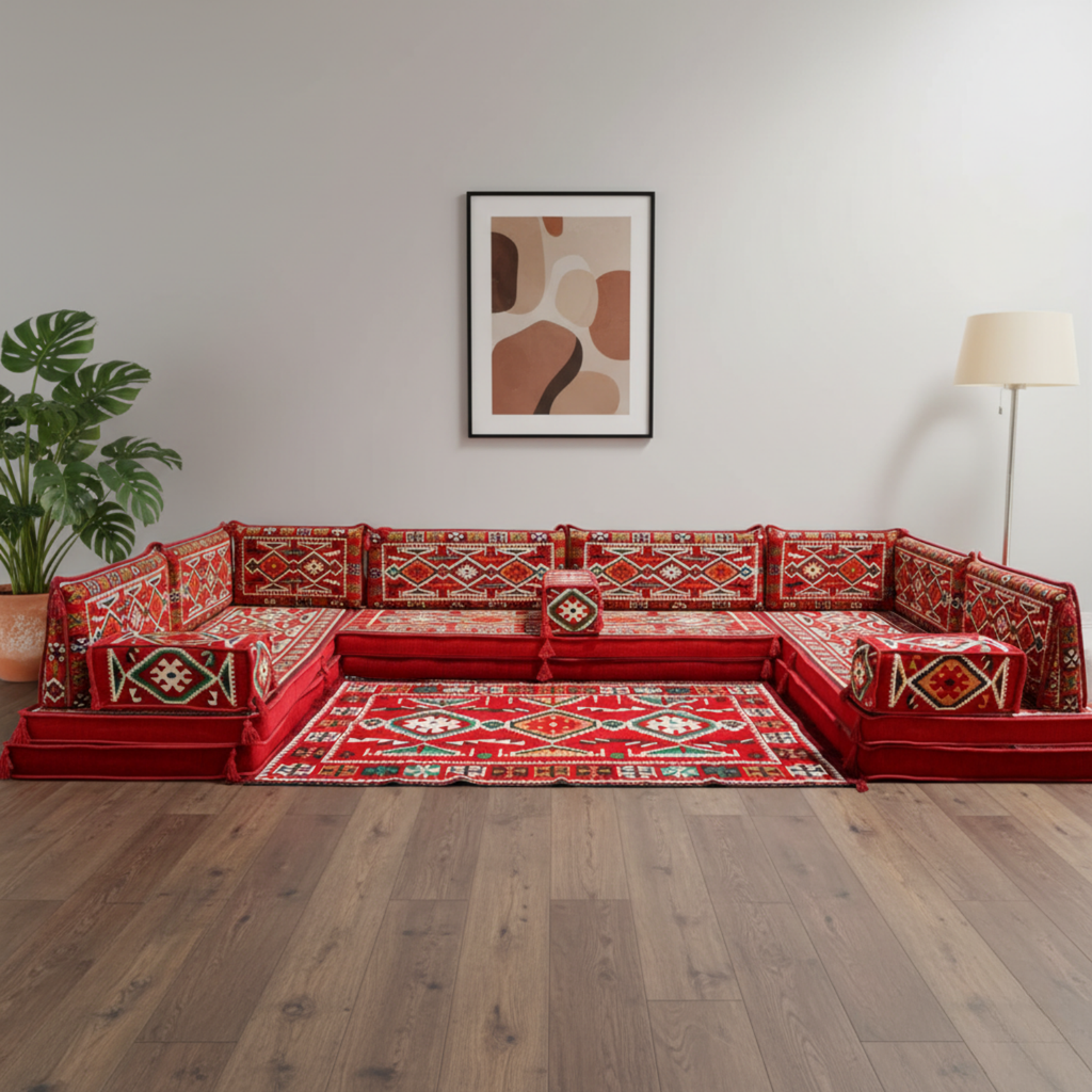 Arabic Floor Sofa Set – Red U Shaped Majlis Sectional with 8 Inch Cushions