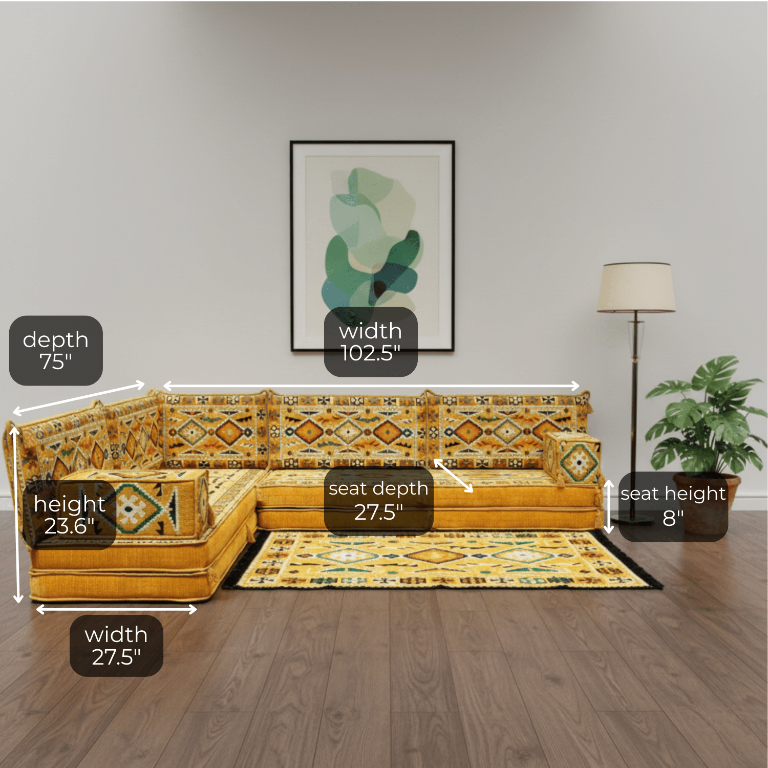 Arabic Floor Sofa Set – Yellow L Shaped Majlis Sectional with 8 Inch Cushions