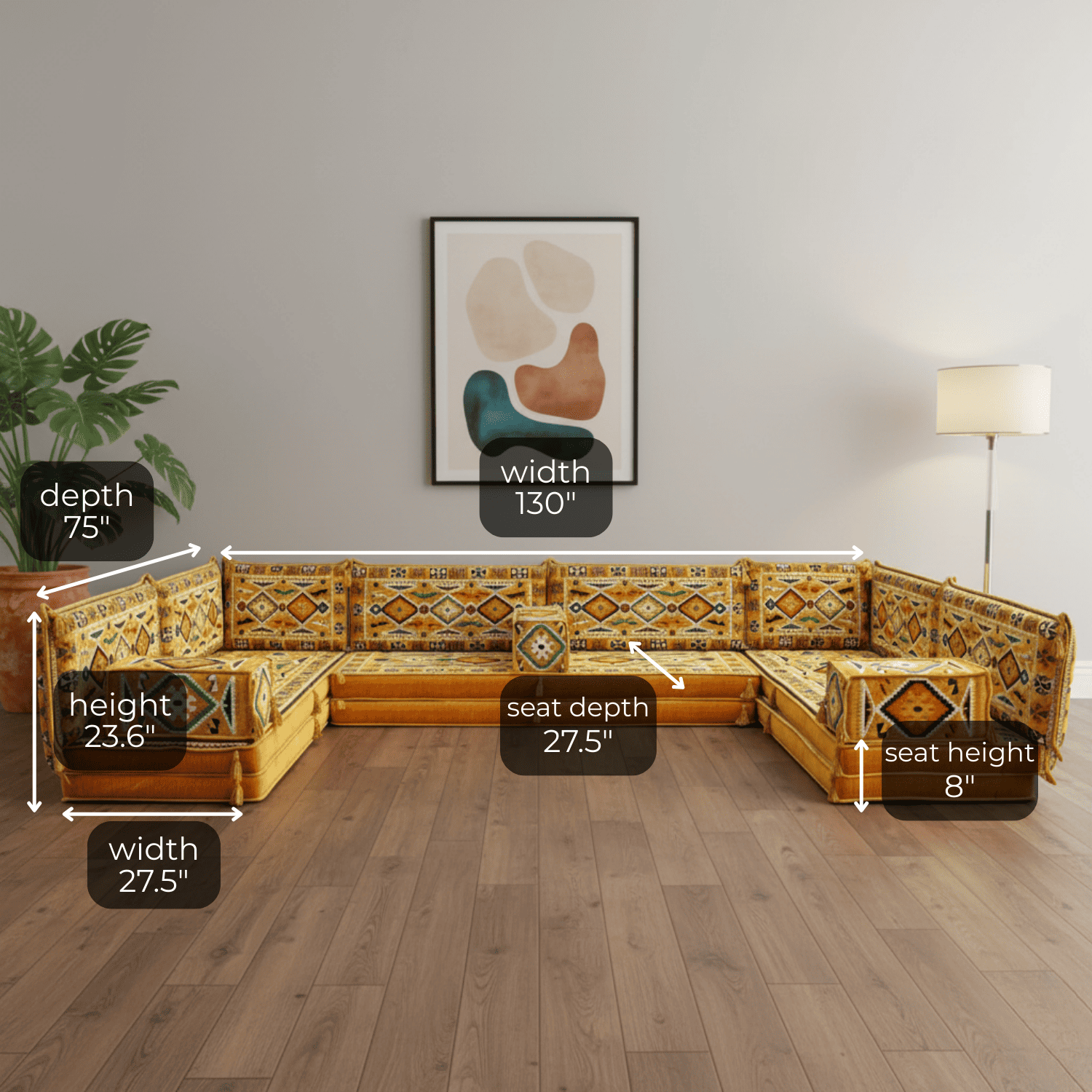 Arabic Floor Sofa Set – Yellow U Shaped Majlis Sectional with 8 Inch Cushions