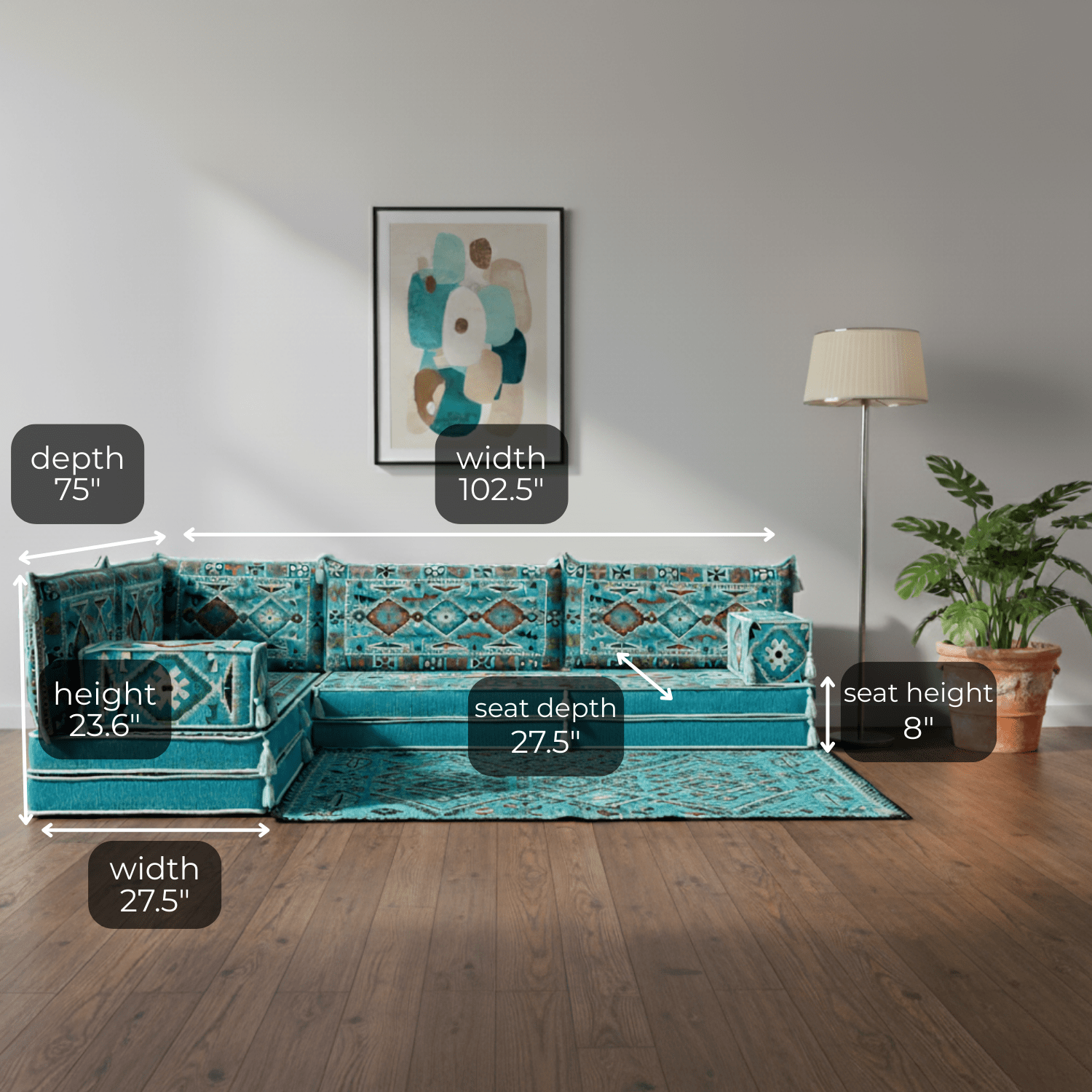 Arabic Floor Sofa Set – Turquoise L Shaped Majlis Sectional with 8 Inch Cushions