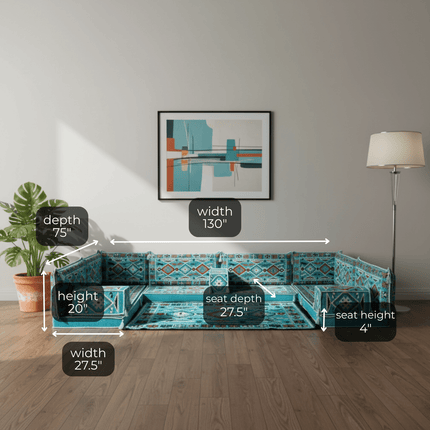 Arabic Floor Sofa Set – Turquoise U Shaped Majlis Sectional with 4 Inch Cushions