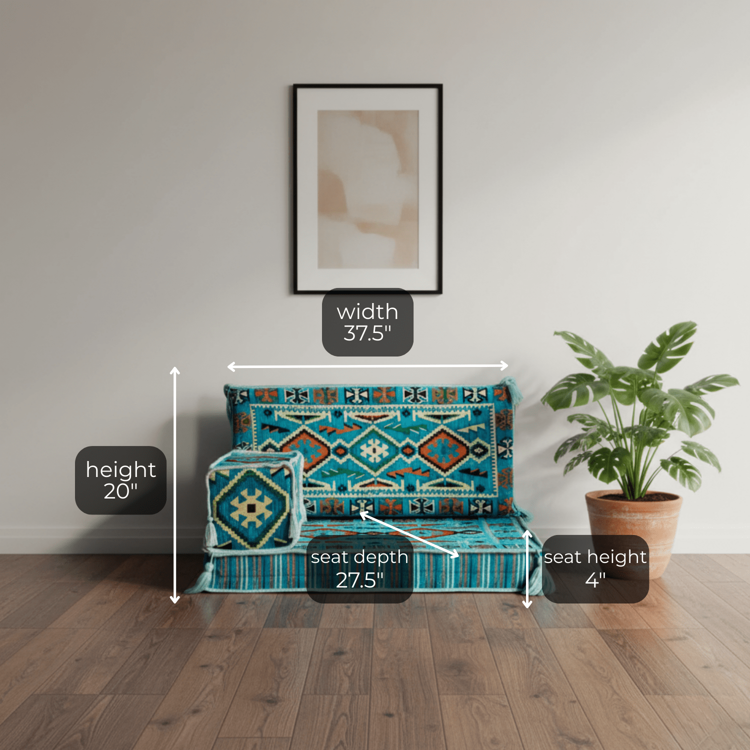 Arabic Half Loveseat Sofa – Turquoise Half Loveseat with 4 and 8 Inch Cushion Options