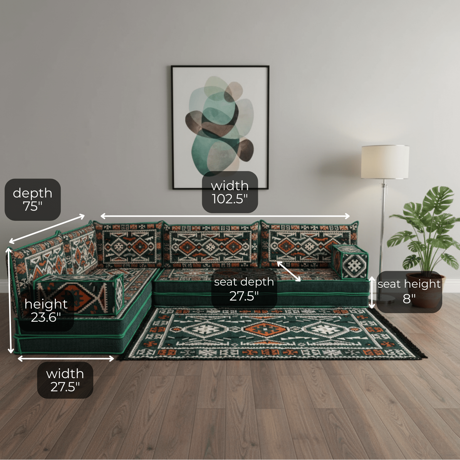 Arabic Floor Sofa Set – Green L Shaped Majlis Sectional with 8 Inch Cushions