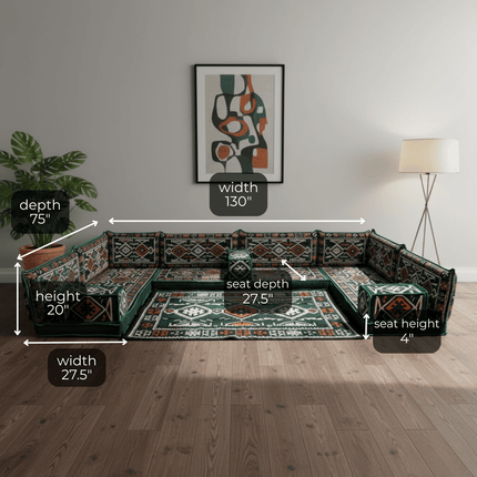 Arabic Floor Sofa Set – Green U Shaped Majlis Sectional with 4 Inch Cushions