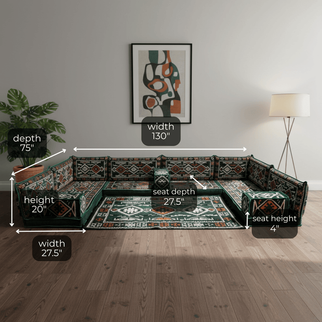 Arabic Floor Sofa Set – Green U Shaped Majlis Sectional with 4 Inch Cushions