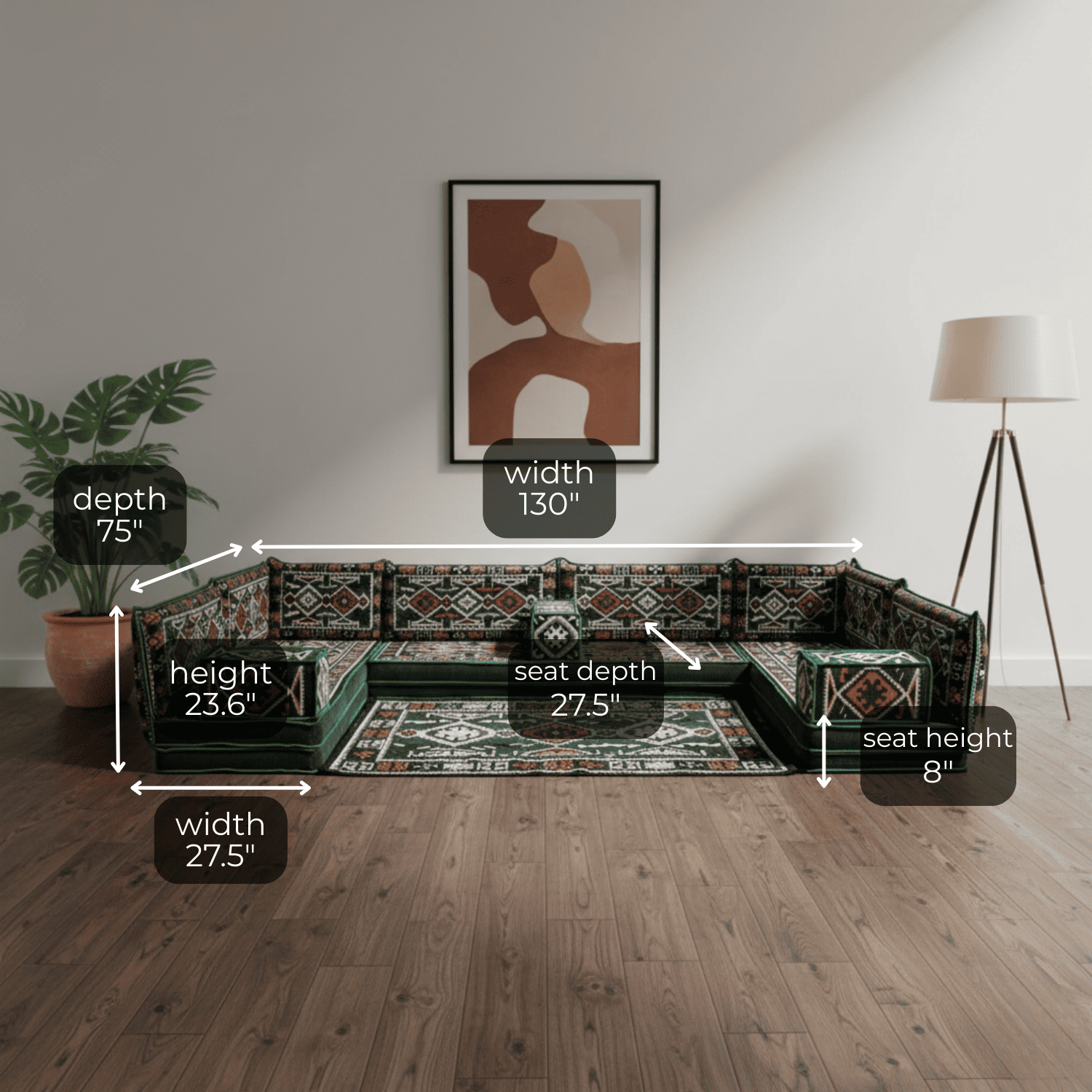 Arabic Floor Sofa Set – Green U Shaped Majlis Sectional with 8 Inch Cushions