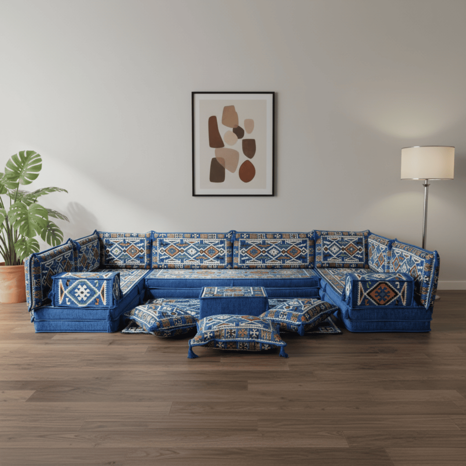 Arabic Floor Sofa Set – Blue U Shaped Majlis Sectional with 8 Inch Cushions