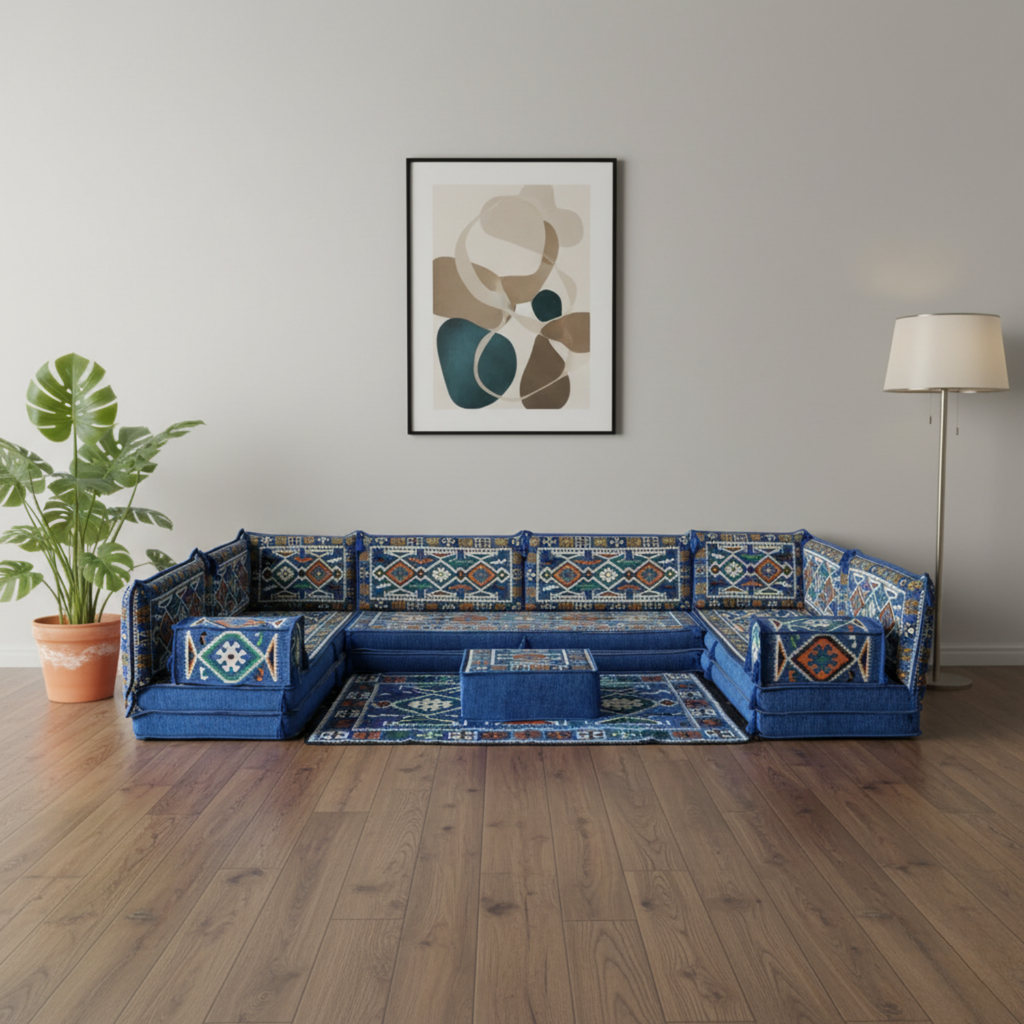 Arabic Floor Sofa Set – Blue U Shaped Majlis Sectional with 8 Inch Cushions