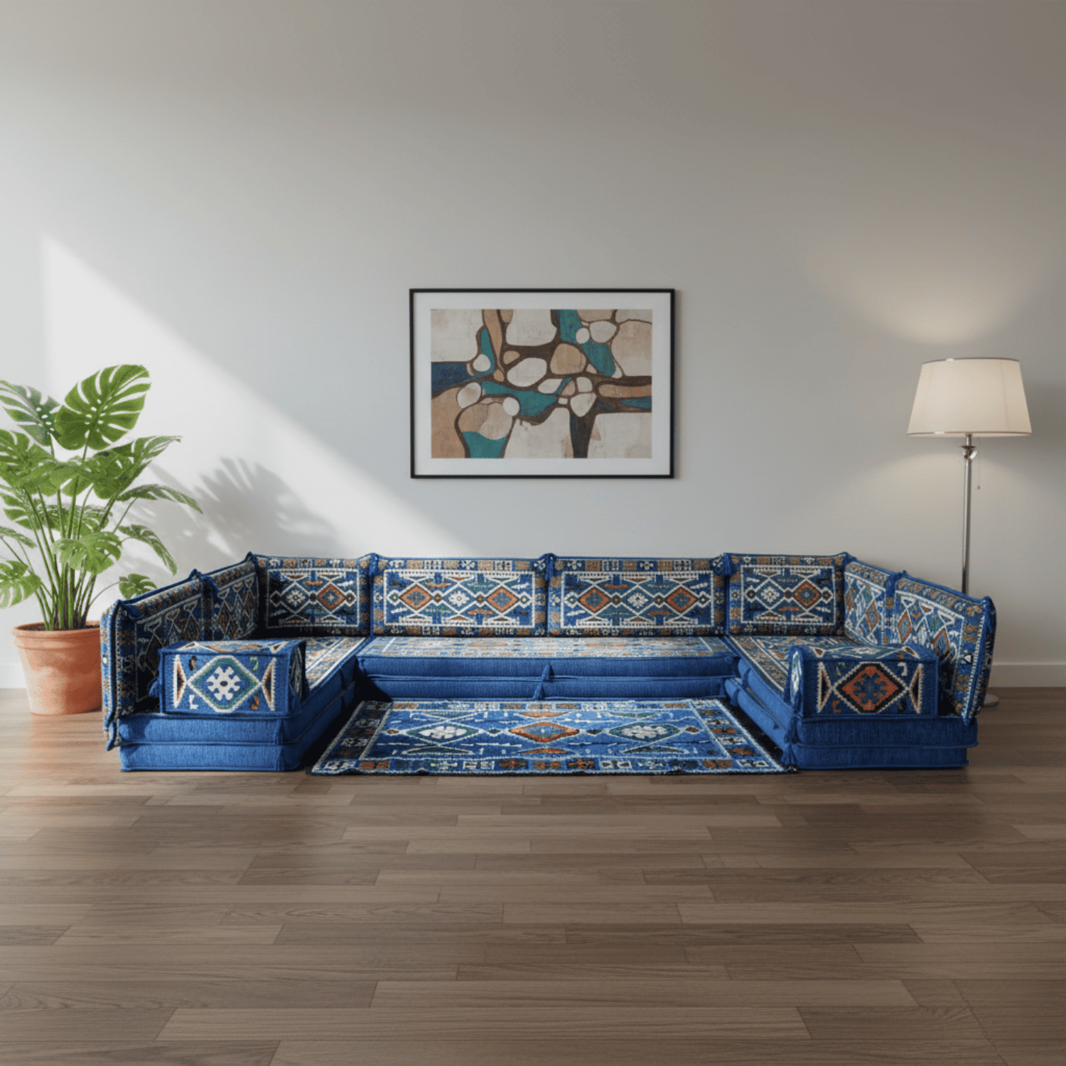 Arabic Floor Sofa Set – Blue U Shaped Majlis Sectional with 8 Inch Cushions