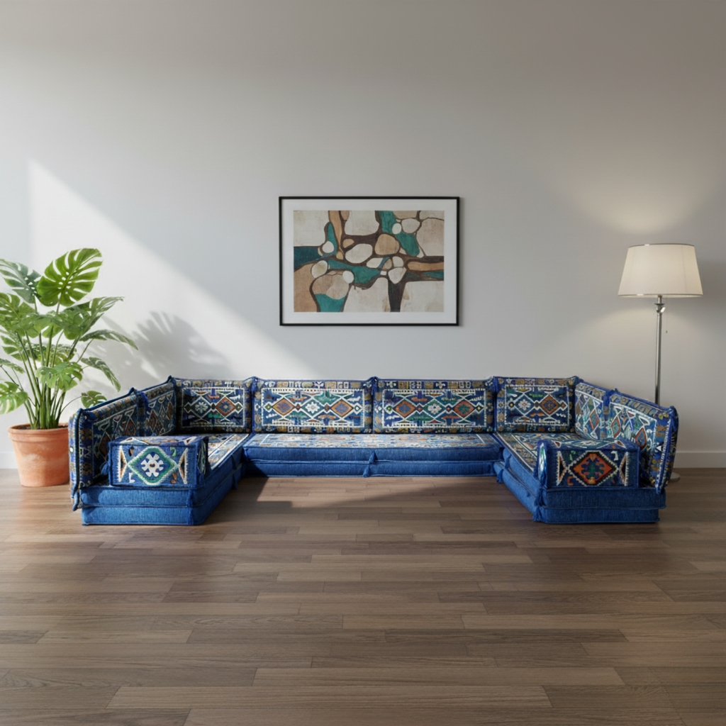 Arabic Floor Sofa Set – Blue U Shaped Majlis Sectional with 8 Inch Cushions
