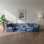 Arabic Floor Sofa Set – Navy Blue U Shaped Majlis Sectional with 8 Inch Cushions