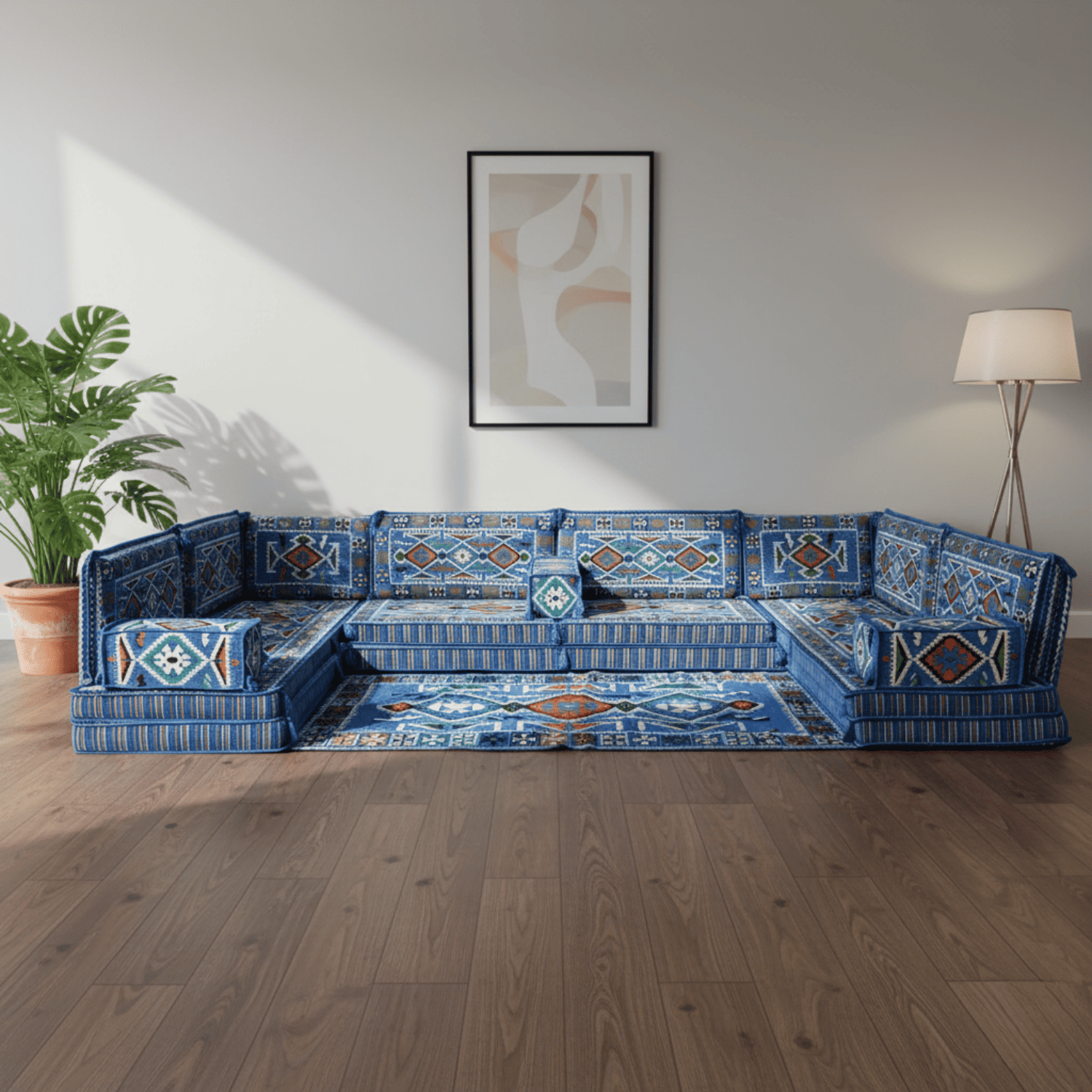 Arabic Floor Sofa Set – Navy Blue U Shaped Majlis Sectional with 8 Inch Cushions
