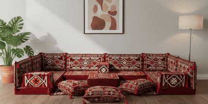 Arabic Floor Sofa Set – Maroon U Shaped Majlis Sectional with 4 Inch Cushions