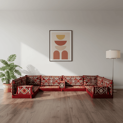 Arabic Floor Sofa Set – Maroon U Shaped Majlis Sectional with 4 Inch Cushions
