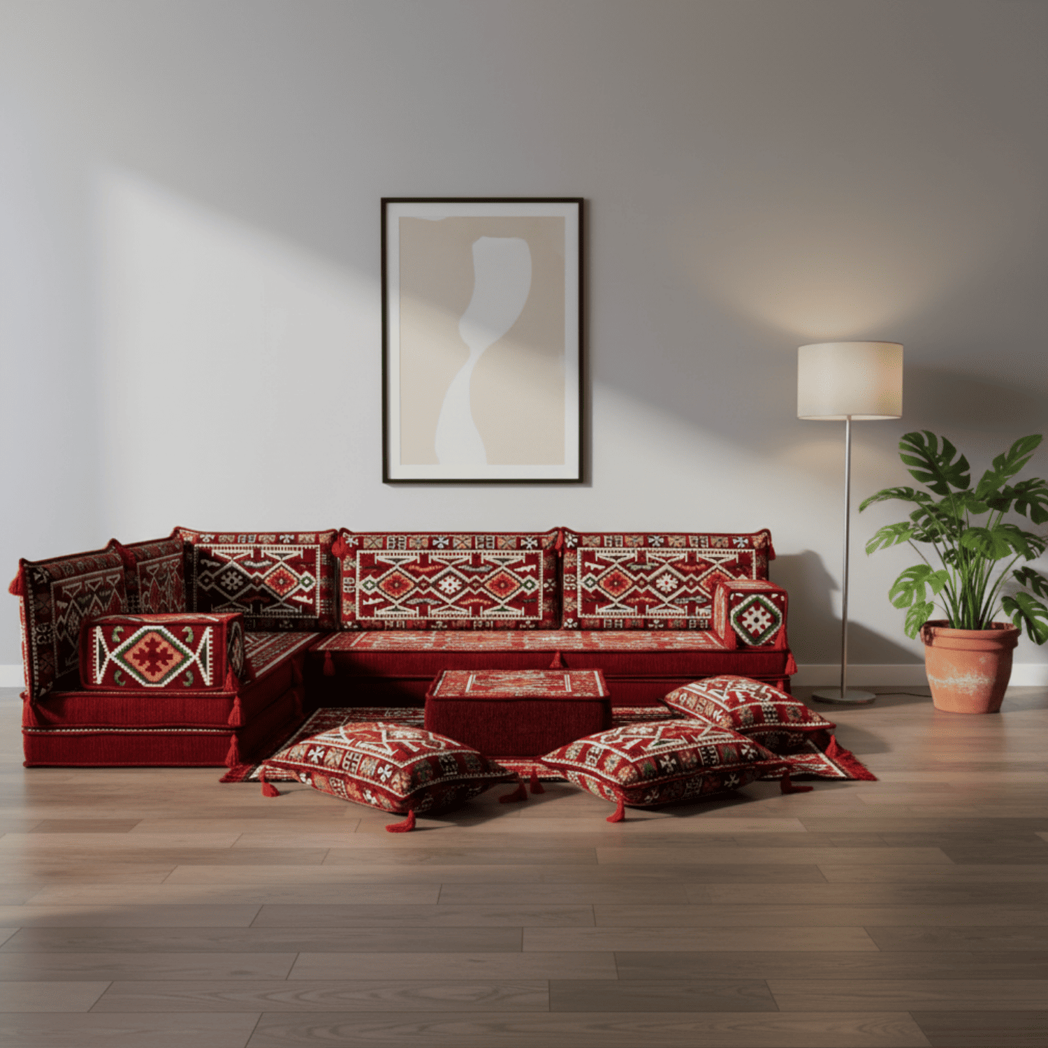 Arabic Floor Sofa Set – Maroon L Shaped Majlis Sectional with 8 Inch Cushions