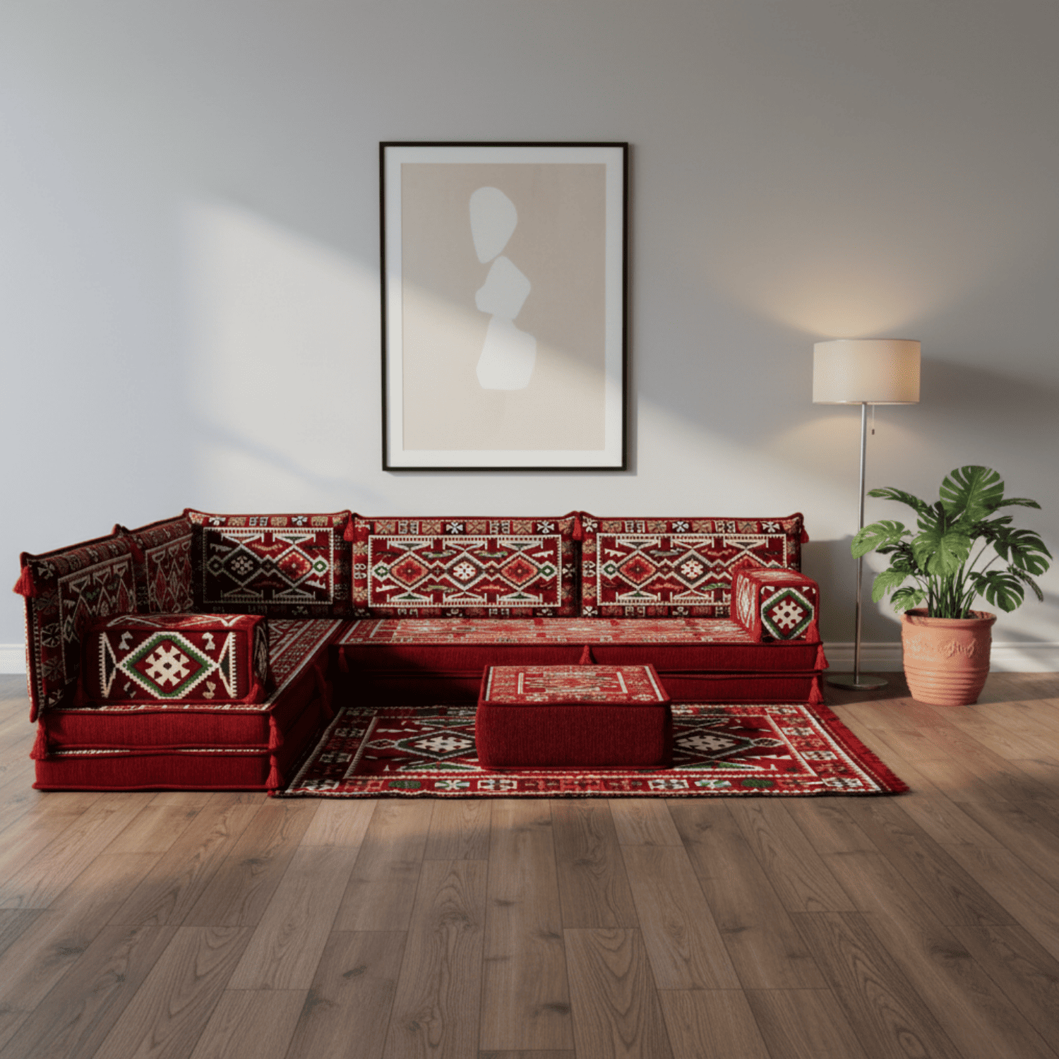 Arabic Floor Sofa Set – Maroon L Shaped Majlis Sectional with 8 Inch Cushions