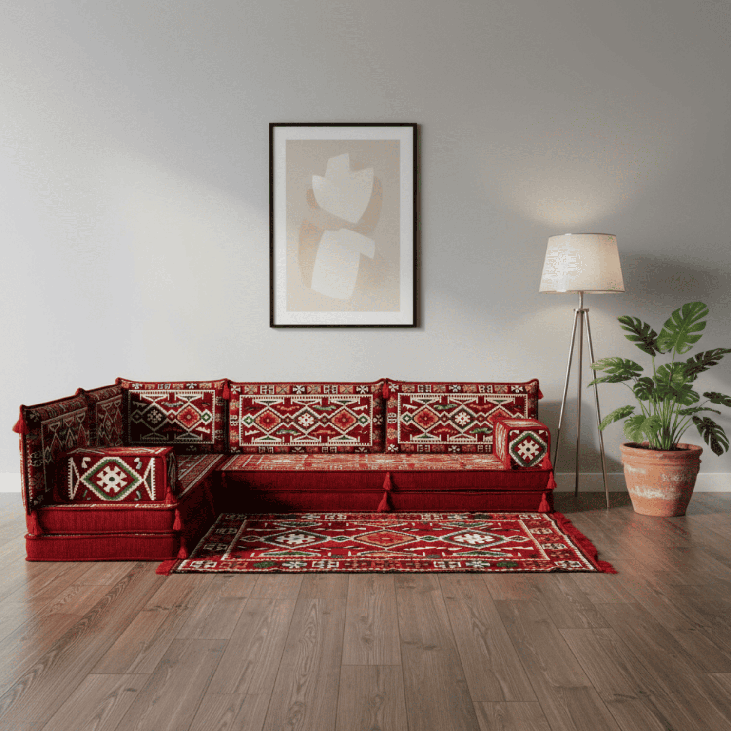Arabic Floor Sofa Set – Maroon L Shaped Majlis Sectional with 8 Inch Cushions