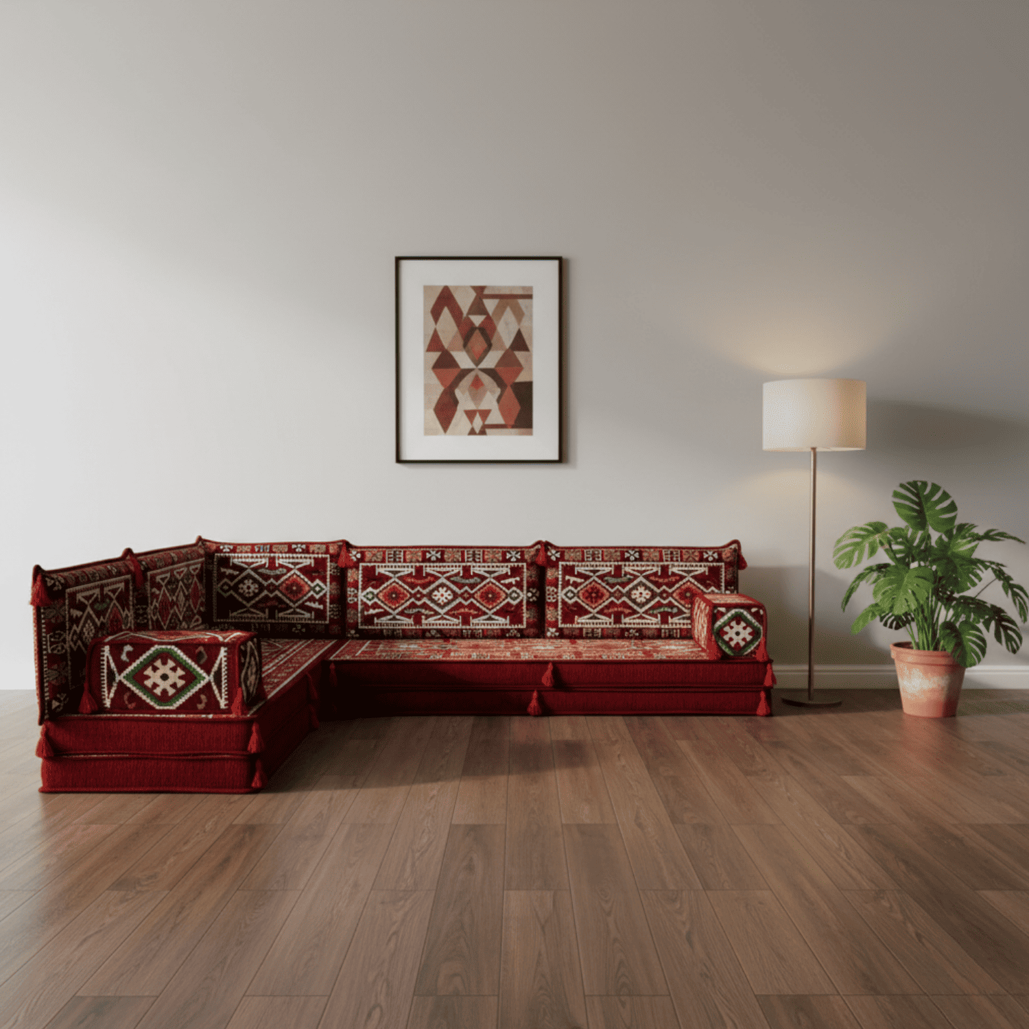 Arabic Floor Sofa Set – Maroon L Shaped Majlis Sectional with 8 Inch Cushions