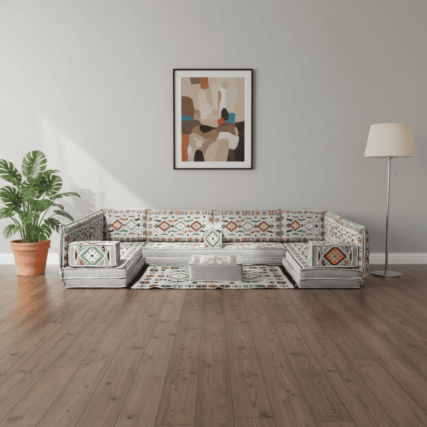 Arabic Floor Sofa Set – Gray U Shaped Majlis Sectional with 8 Inch Cushions