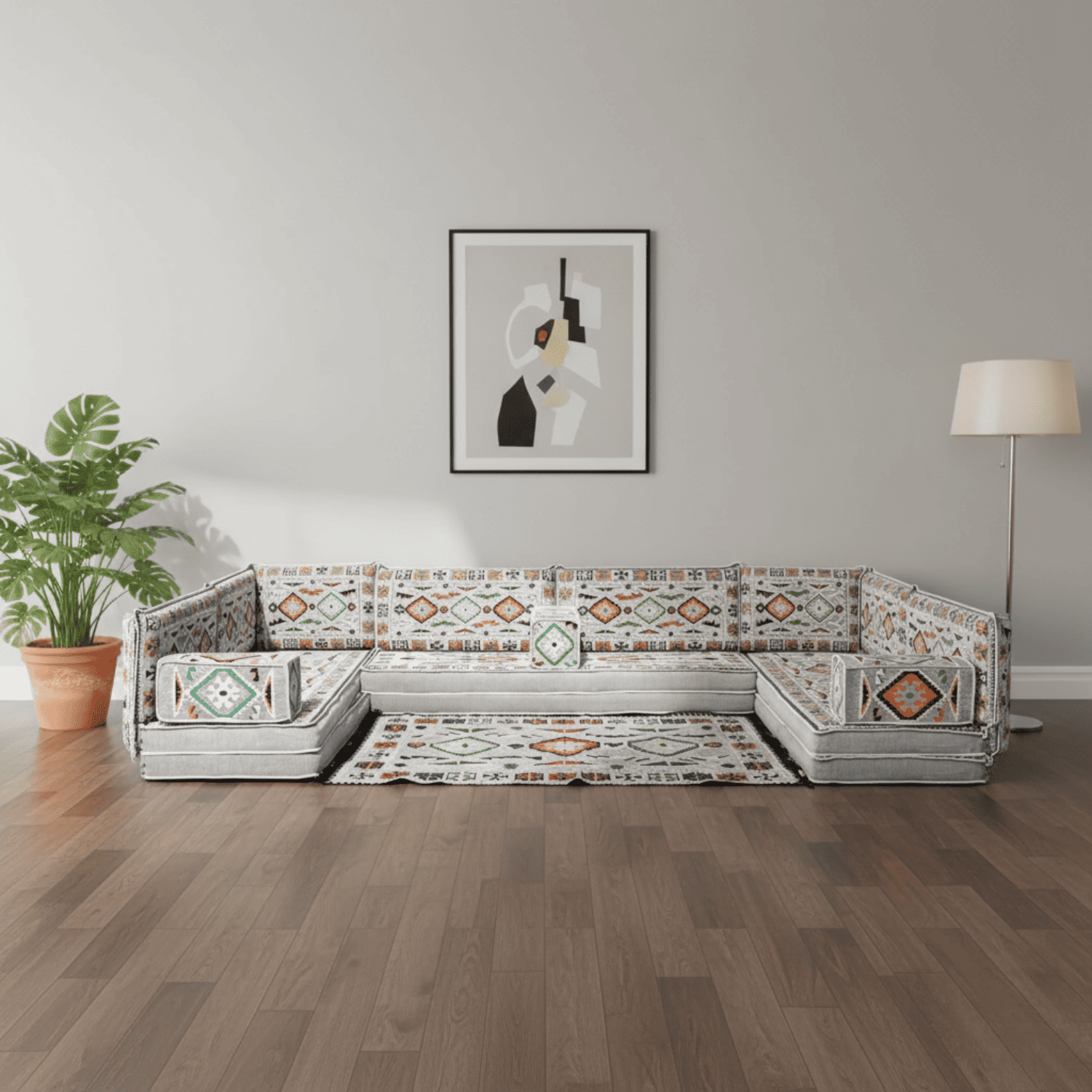 Arabic Floor Sofa Set – Gray U Shaped Majlis Sectional with 8 Inch Cushions