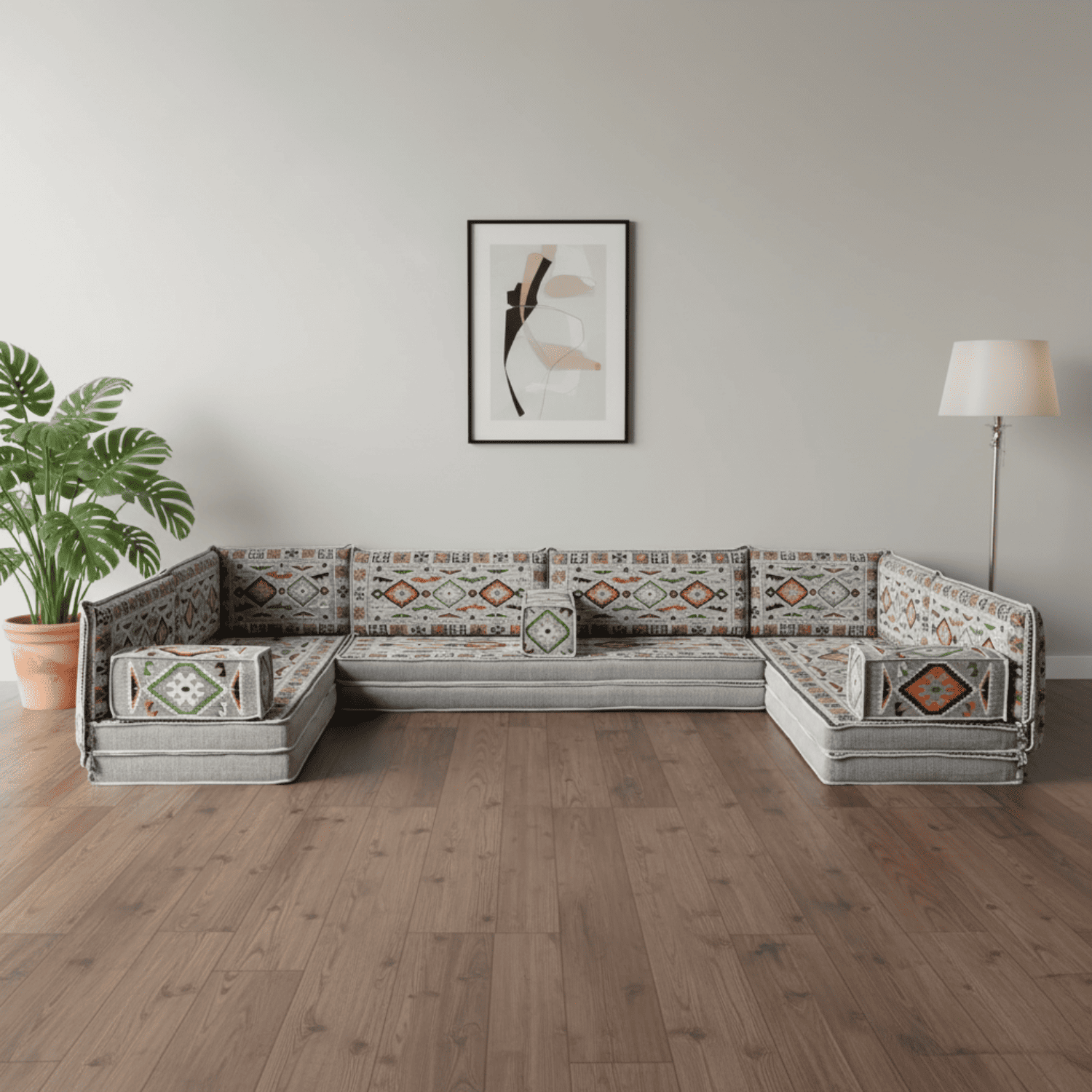 Arabic Floor Sofa Set – Gray U Shaped Majlis Sectional with 8 Inch Cushions