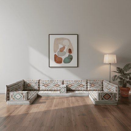Arabic Floor Sofa Set – Gray U Shaped Majlis Sectional with 4 Inch Cushions